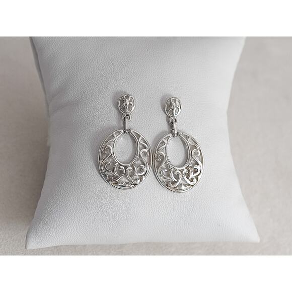 Vintage Silver Tone Dangle Filigree Openwork Earrings Post Backs Statement - Picture 1 of 4
